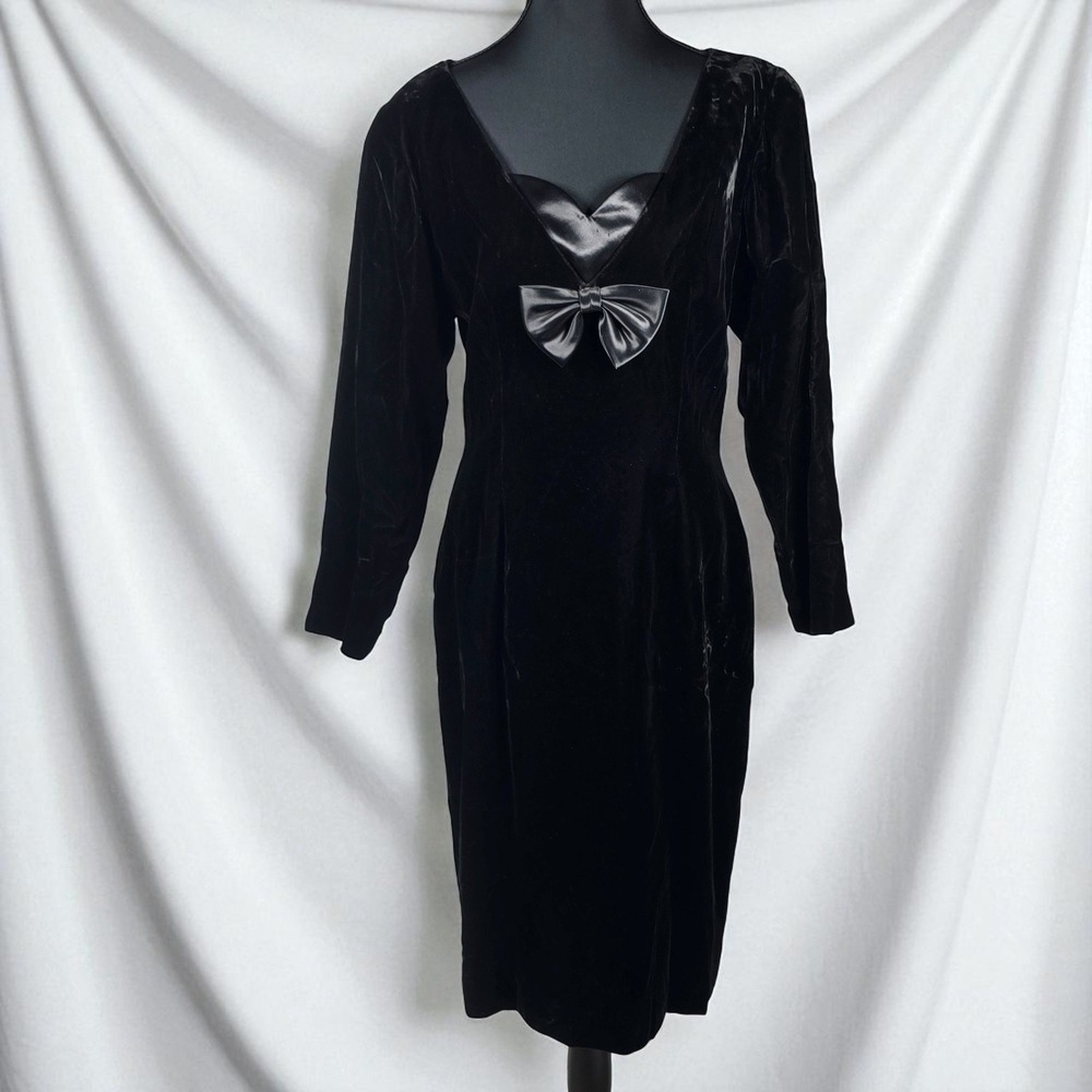 Steven Stolman Velvet Dress Woman 10 Black Sweetheart Neckline Bow USA Made Goth
